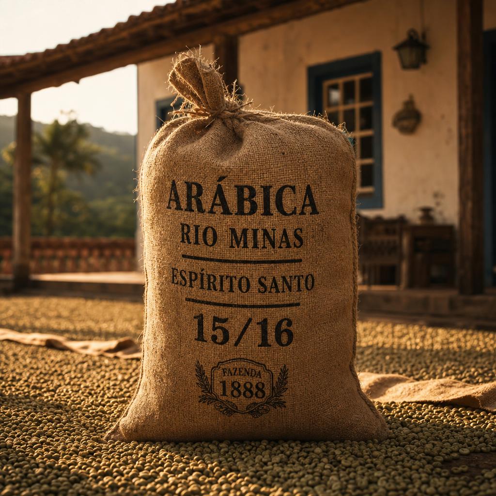 Arábica Rio Minas Screen 15/16 coffee sack on drying patio