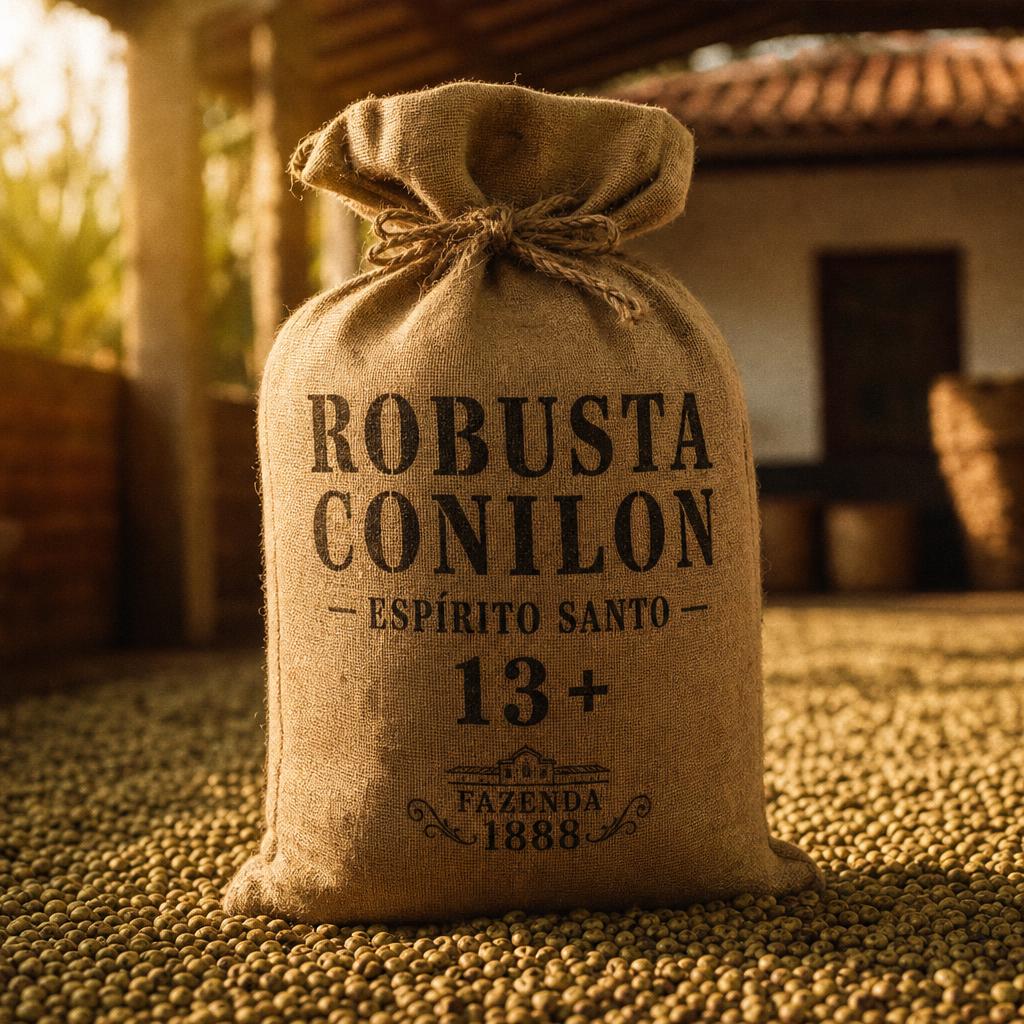 Robusta Conilon Screen 13+ coffee sack on drying patio