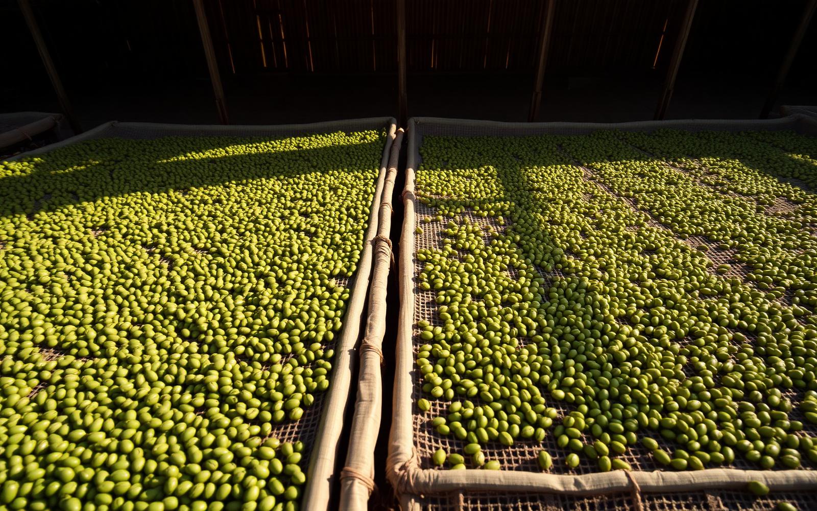 Green coffee beans drying